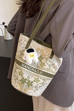 Japanese-Style Floral Canvas Bucket Bag for Women - 2025 Versatile Large Capacity Shoulder Tote for Commuting