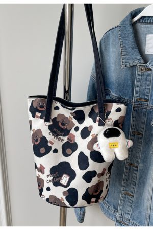 Japanese-Style Floral Canvas Bucket Bag for Women - 2025 Versatile Large Capacity Shoulder Tote for Commuting