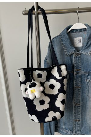 Japanese-Style Floral Canvas Bucket Bag for Women - 2025 Versatile Large Capacity Shoulder Tote for Commuting