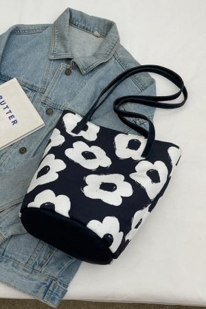 Japanese-Style Floral Canvas Bucket Bag for Women - 2025 Versatile Large Capacity Shoulder Tote for Commuting