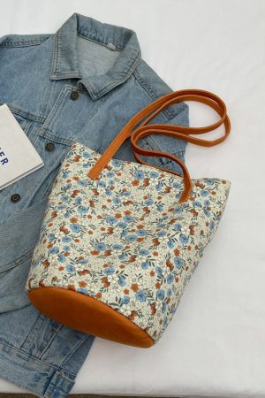 Japanese-Style Floral Canvas Bucket Bag for Women - 2025 Versatile Large Capacity Shoulder Tote for Commuting