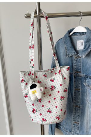 Japanese-Style Floral Canvas Bucket Bag for Women - 2025 Versatile Large Capacity Shoulder Tote for Commuting