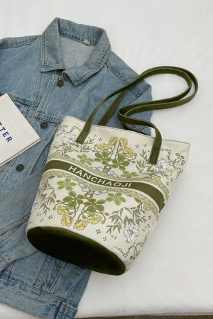 Japanese-Style Floral Canvas Bucket Bag for Women - 2025 Versatile Large Capacity Shoulder Tote for Commuting