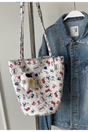 Japanese-Style Floral Canvas Bucket Bag for Women - 2025 Versatile Large Capacity Shoulder Tote for Commuting