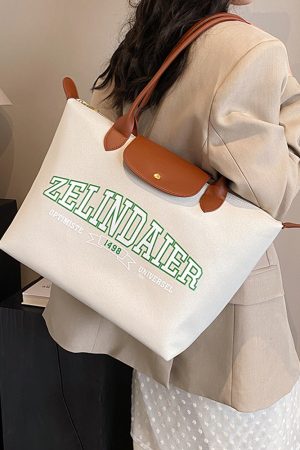 Japanese-Style Large Capacity Canvas Tote Bag for Women - 2025 Spring Summer Letter Print Handheld Shoulder Commuter Bag