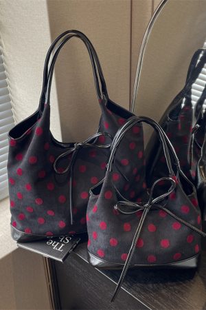 Japanese-Style Minimalist Polka Dot Bucket Bag for Women â€“ Large Capacity Tote with Bow, 2025 Trendy Design