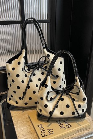 Japanese-Style Minimalist Polka Dot Bucket Bag for Women â€“ Large Capacity Tote with Bow, 2025 Trendy Design