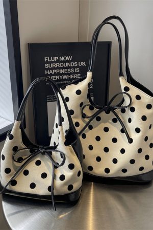 Japanese-Style Minimalist Polka Dot Bucket Bag for Women â€“ Large Capacity Tote with Bow, 2025 Trendy Design