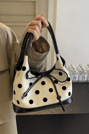 Japanese-Style Minimalist Polka Dot Bucket Bag for Women â€“ Large Capacity Tote with Bow, 2025 Trendy Design