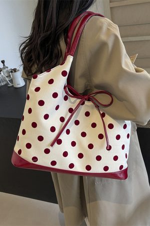 Japanese-Style Minimalist Polka Dot Bucket Bag for Women â€“ Large Capacity Tote with Bow, 2025 Trendy Design
