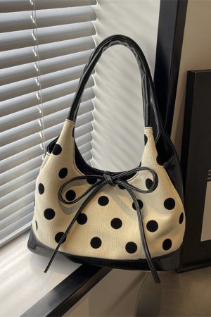 Japanese-Style Minimalist Polka Dot Bucket Bag for Women â€“ Large Capacity Tote with Bow, 2025 Trendy Design