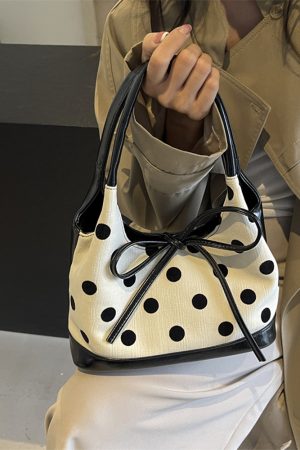 Japanese-Style Minimalist Polka Dot Bucket Bag for Women â€“ Large Capacity Tote with Bow, 2025 Trendy Design