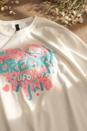 Japanese-Style Retro Cartoon Bear Cotton Short-Sleeve T-Shirt Plus Size for Women & Men - Trendy Loose Fit for Y2K Fashion