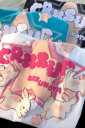 Japanese-Style Retro Cartoon Rabbit Print Short Sleeve T-Shirt for Men & Women, Plus Size, Loose Fit, Pure Cotton Couple Top