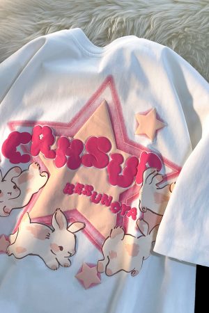 Japanese-Style Retro Cartoon Rabbit Print Short Sleeve T-Shirt for Men & Women, Plus Size, Loose Fit, Pure Cotton Couple Top