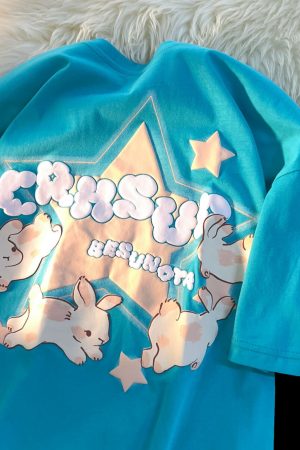 Japanese-Style Retro Cartoon Rabbit Print Short Sleeve T-Shirt for Men & Women, Plus Size, Loose Fit, Pure Cotton Couple Top