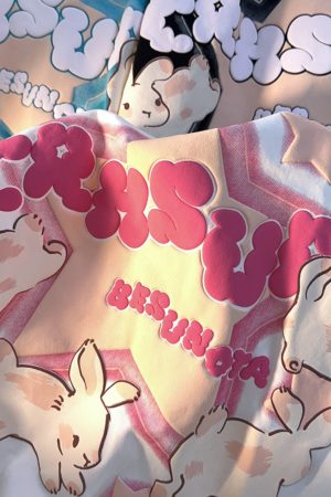 Japanese-Style Retro Cartoon Rabbit Print Short Sleeve T-Shirt for Men & Women, Plus Size, Loose Fit, Pure Cotton Couple Top