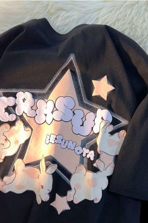 Japanese-Style Retro Cartoon Rabbit Print Short Sleeve T-Shirt for Men & Women, Plus Size, Loose Fit, Pure Cotton Couple Top