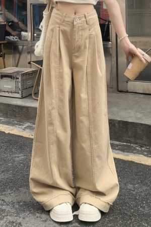 Khaki Draped Loose Straight Casual Pants for Women - Summer Korean Style Wide Leg Floor-Length Trousers