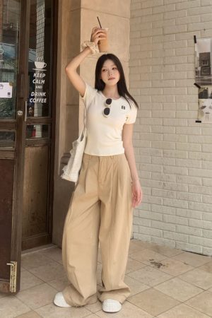 Khaki Draped Loose Straight Casual Pants for Women - Summer Korean Style Wide Leg Floor-Length Trousers