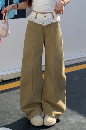 Khaki Lace Trim Spliced Denim Pants for Women - Spring Mid-Waist Slim Fit Wide-Leg Curved Style, Trendy Y2K Fashion