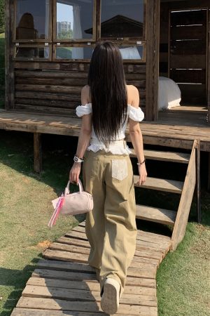 Khaki Lace Trim Spliced Denim Pants for Women - Spring Mid-Waist Slim Fit Wide-Leg Curved Style, Trendy Y2K Fashion