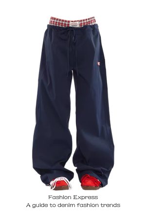 Klein Blue Double-Waist Spliced Faux Two-Piece Casual Pants - 2025 Low-Waist Straight Wide-Leg Style for Autumn & Winter