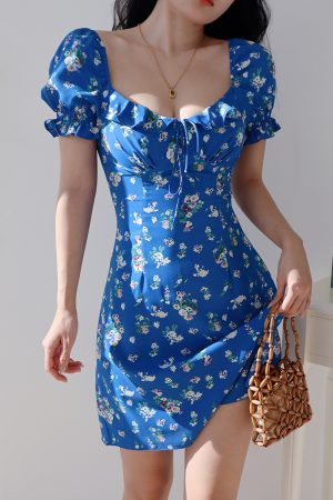 Klein Blue Floral Puff Sleeve Dress - Slim Fit, Waist-Defined, Versatile Vacation Style, Perfect for Summer Outings and 90s Inspired Looks