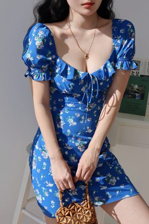 Klein Blue Floral Puff Sleeve Dress - Slim Fit, Waist-Defined, Versatile Vacation Style, Perfect for Summer Outings and 90s Inspired Looks