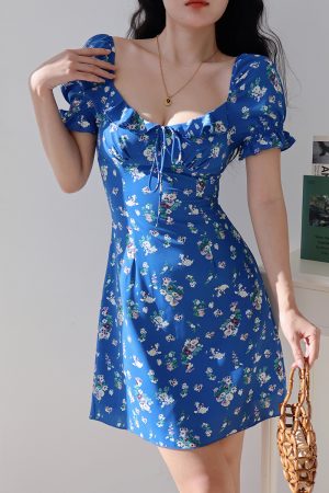 Klein Blue Floral Puff Sleeve Dress - Slim Fit, Waist-Defined, Versatile Vacation Style, Perfect for Summer Outings and 90s Inspired Looks