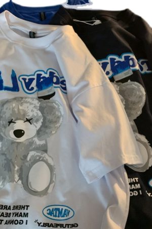 Klein Blue Teddy Bear Graphic Plus Size Short Sleeve T-shirt for Women and Men, Loose Fit Cotton Couple Top, Casual Streetwear