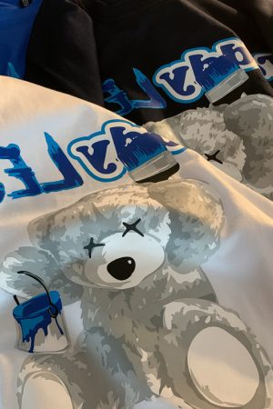 Klein Blue Teddy Bear Graphic Plus Size Short Sleeve T-shirt for Women and Men, Loose Fit Cotton Couple Top, Casual Streetwear