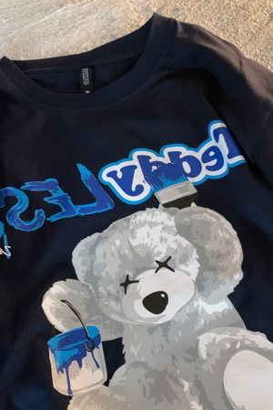 Klein Blue Teddy Bear Graphic Plus Size Short Sleeve T-shirt for Women and Men, Loose Fit Cotton Couple Top, Casual Streetwear