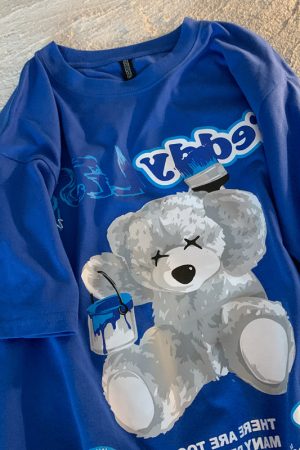 Klein Blue Teddy Bear Graphic Plus Size Short Sleeve T-shirt for Women and Men, Loose Fit Cotton Couple Top, Casual Streetwear