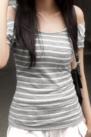 Korean Aesthetic Striped One-Shoulder Sheer Long Sleeve T-Shirt Top for Women - Lightweight Versatile Fashion Essential