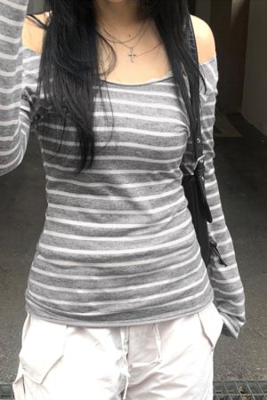 Korean Aesthetic Striped One-Shoulder Sheer Long Sleeve T-Shirt Top for Women - Lightweight Versatile Fashion Essential