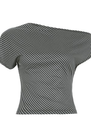 Korean Aesthetic Striped One-Shoulder Sheer Long Sleeve T-Shirt Top for Women - Lightweight Versatile Fashion Essential