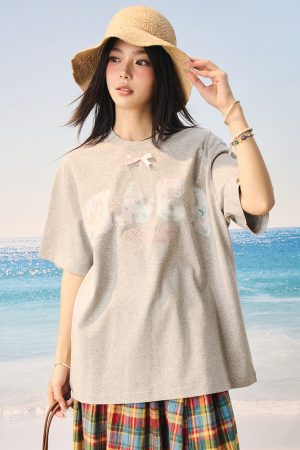 Korean Fairy Style Short Sleeve Sunscreen T-shirt - Cool Feeling Solona Tee for Summer, Playful Design, Perfect for Y2K Fashion