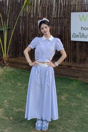 Korean Style Blue Striped Dress Set for Women - Sweet Sister Long Skirt Two-Piece Set - Summer 2025 Fashion