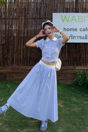 Korean Style Blue Striped Dress Set for Women - Sweet Sister Long Skirt Two-Piece Set - Summer 2025 Fashion