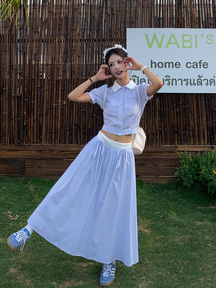 Korean Style Blue Striped Dress Set for Women - Sweet Sister Long Skirt Two-Piece Set - Summer 2025 Fashion Korean Style Blue Striped Dress Set for Women - Sweet Sister Long Skirt Two-Piece Set - Summer 2025 Fashion