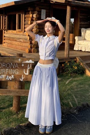 Korean Style Blue Striped Dress Set for Women - Sweet Sister Long Skirt Two-Piece Set - Summer 2025 Fashion