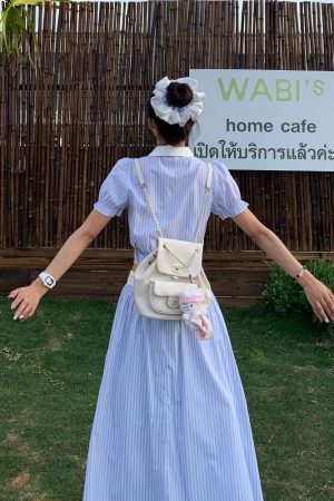 Korean Style Blue Striped Dress Set for Women - Sweet Sister Long Skirt Two-Piece Set - Summer 2025 Fashion