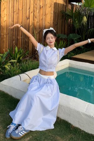 Korean Style Blue Striped Dress Set for Women - Sweet Sister Long Skirt Two-Piece Set - Summer 2025 Fashion