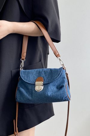 Korean Style Denim Retro Lock Clutch Underarm Bag - Casual Street Shoulder Crossbody Small Bag for Women