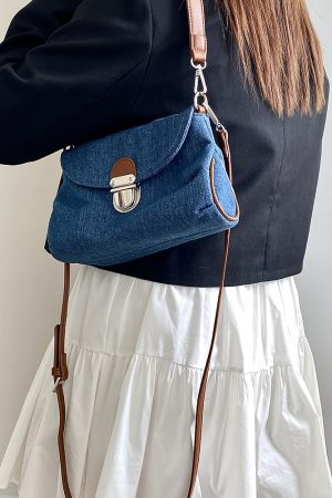 Korean Style Denim Retro Lock Clutch Underarm Bag - Casual Street Shoulder Crossbody Small Bag for Women