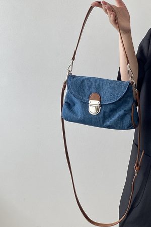 Korean Style Denim Retro Lock Clutch Underarm Bag - Casual Street Shoulder Crossbody Small Bag for Women