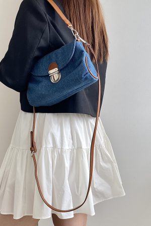 Korean Style Denim Retro Lock Clutch Underarm Bag - Casual Street Shoulder Crossbody Small Bag for Women
