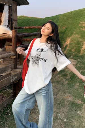 Korean Style Dog Print Round Neck Short Sleeve T-Shirt for Women - 2025 Summer Loose Slim Fit Top