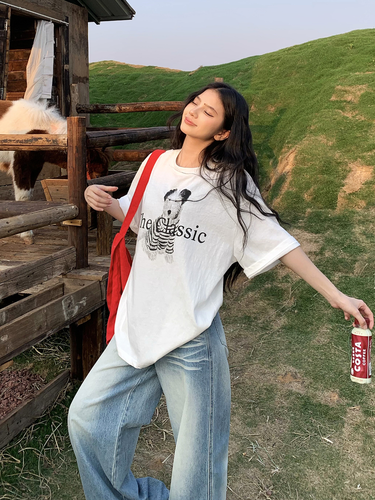 Korean Style Dog Print Round Neck Short Sleeve T-Shirt for Women - 2025 Summer Loose Slim Fit Top Korean Style Dog Print Round Neck Short Sleeve T-Shirt for Women - 2025 Summer Loose Slim Fit Top